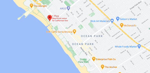 Map showing the location of 1 Pico, a beachfront venue for Californian fare in Santa Monica, near Ocean Park.