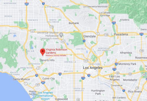 Map showing the location of Virginia Robinson Gardens in Beverly Hills, near Los Angeles, California.