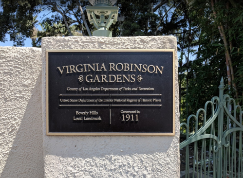 Plaque for Virginia Robinson Gardens, a historic site in Beverly Hills, established in 1911.