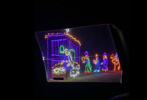 Colorful holiday lights decorate a house and figures, creating a festive scene at night.