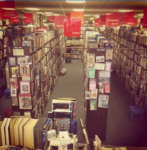 Aerial view of a cozy library with tall bookshelves, categorized signs, and scattered magazines on display.