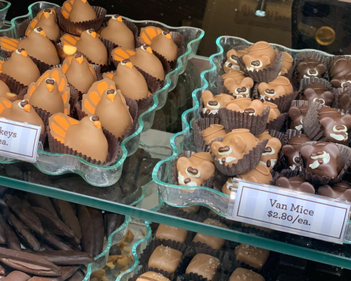A display of chocolate treats shaped like mice and turkeys, with price tags for each variety.