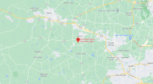 Map showing the location of Portwood Family Christmas Lights near Hiram, Georgia, with surrounding roads and landmarks.