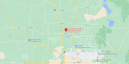 Map showing The Canyons Zip Line and Adventure Park location near Ocala, Florida, with nearby landmarks and roads.