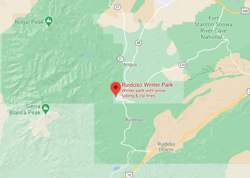 Map showing Ruidoso Winter Park, featuring snow tubing and zip lines, located near Ruidoso, New Mexico.