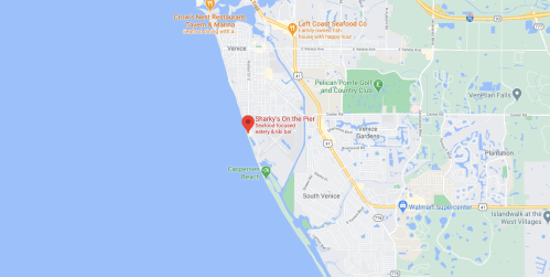 Map showing the location of Shakey's On The Pier, a seafood-focused eatery and bar in Venice, Florida.