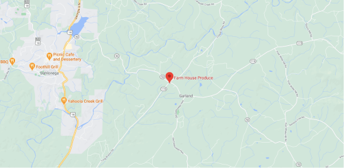Map showing the location of Farm House Produce near Garland, with nearby landmarks and roads indicated.