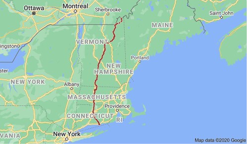 Map showing parts of New York, Vermont, New Hampshire, Massachusetts, and Maine, with a highlighted route.