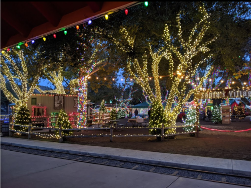 A festive scene with trees and decorations illuminated by colorful lights in a park during twilight.