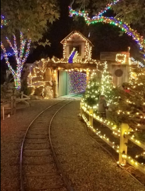 A festive scene with a lit pathway, decorated trees, and a charming building adorned with colorful holiday lights.