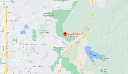 Map showing the location of Irvine Park Railroad, near Orange Park Acres and Peters Canyon Regional Park.
