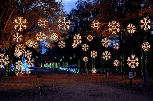 A pathway adorned with glowing snowflake lights and colorful decorations, surrounded by trees in a twilight setting.