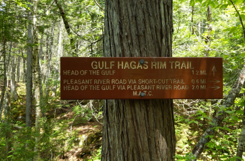 Wooden trail sign in a forest, indicating directions and distances for Gulf Hagas Rim Trail and nearby routes.