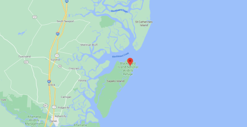 Map showing the location of Blackbeard Island National Wildlife Refuge near Sapelo Island, Georgia.