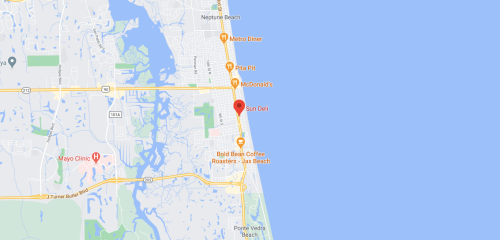 Map showing the location of Sun Deli near Neptune Beach, Florida, with nearby landmarks and roads.