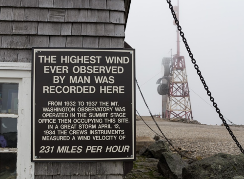 Sign detailing the highest wind speed recorded at the Mt. Washington Observatory, with a radio tower in the background.
