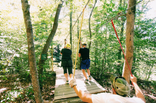 Two people on a zip line in a forest, preparing to launch from a wooden platform. Sunlight filters through the trees.