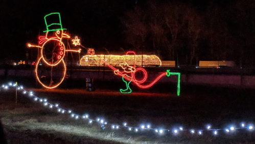 A festive display of holiday lights featuring a snowman and a character with a long pipe, set against a dark background.