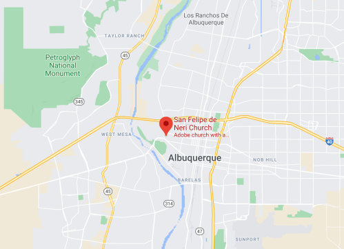 Map showing Albuquerque, New Mexico, highlighting San Felipe de Neri Church and nearby landmarks.