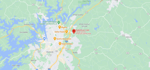 Map showing the location of Rabbitton Café and nearby landmarks in Gainesville, Georgia.