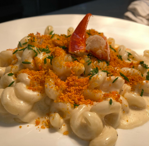 Creamy pasta with lobster, topped with breadcrumbs and chives, served on a white plate.