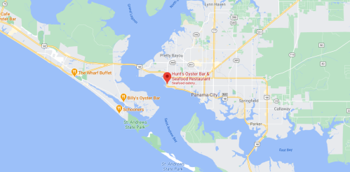 Map showing the location of Hunt's Oyster Bar & Seafood Restaurant in Panama City, Florida, near St. Andrews State Park.
