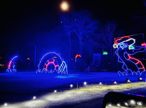 Colorful holiday lights illuminate a snowy park at night, featuring festive shapes and decorations.