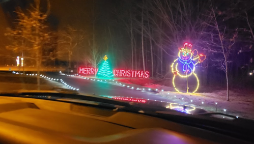 Colorful Christmas lights display featuring a tree, "Merry Christmas" sign, and a snowman at night.