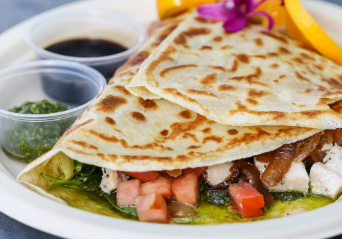 A plate featuring a folded flatbread with chicken, tomatoes, and onions, accompanied by sauces and a garnish of orange and flower.