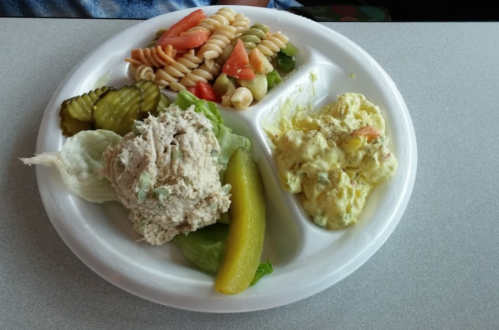 A plate with pasta salad, chicken salad, potato salad, pickles, and lettuce.