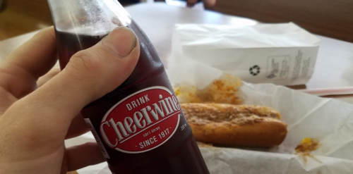 A hand holding a bottle of Cheerwine soda next to a hot dog on a table with a takeout bag in the background.