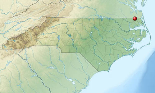 Map of North Carolina highlighting geographical features and waterways, with a red dot marking a specific location.