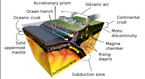 Diagram illustrating geological features: ocean trench, volcanic arc, lithosphere, asthenosphere, and subduction zone.