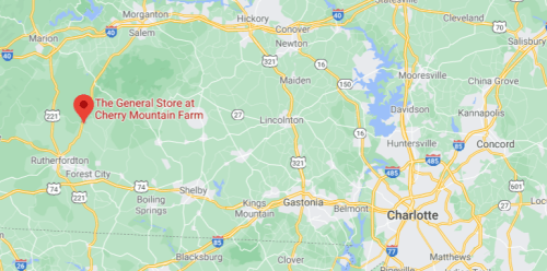 Map showing the location of The General Store at Cherry Mountain Farm, near Rutherfordton, North Carolina.