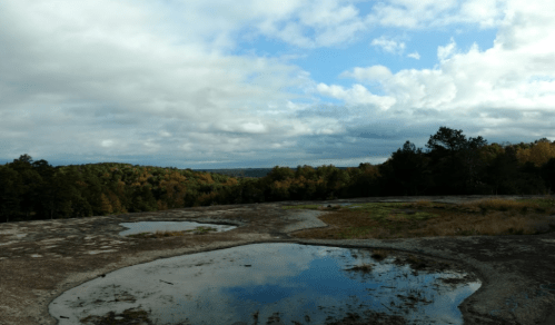 A scenic view of a rocky landscape with puddles, surrounded by trees and colorful autumn foliage under a cloudy sky.