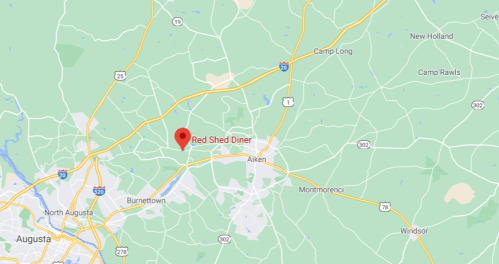Map showing the location of Red Shed Diner near Aiken, South Carolina, with surrounding roads and landmarks.