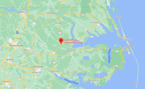 Map showing the location of Cashie River Treehouse Village near Plymouth, North Carolina.