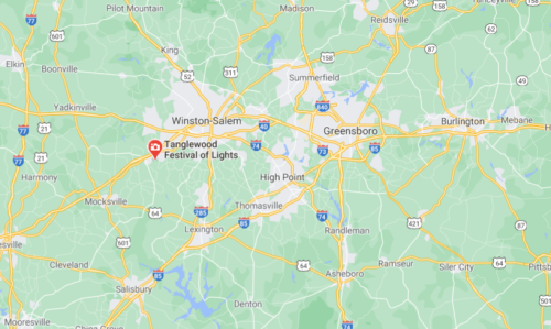 Map showing the location of the Tanglewood Festival of Lights near Winston-Salem, North Carolina.