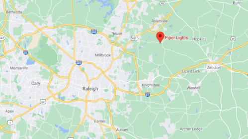Map showing the location of Piper Lights near Rolesville, northeast of Raleigh, North Carolina.