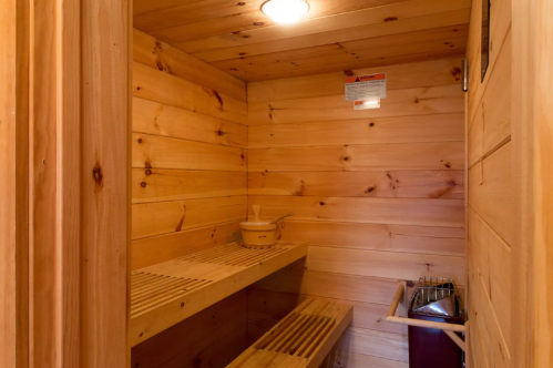 A wooden sauna interior with benches, a light fixture, and a small stove in the corner.