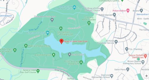Map of Seneca Creek State Park, highlighting the park area and nearby streets and landmarks.
