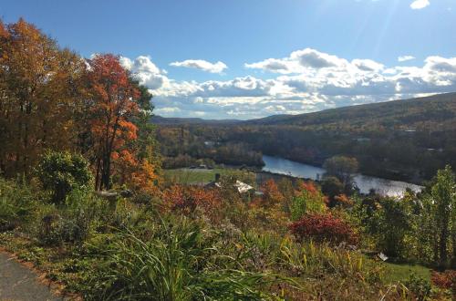 A scenic view of a river surrounded by colorful autumn foliage and rolling hills under a bright blue sky.