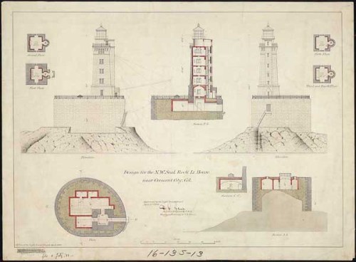Blueprint of a lighthouse design, featuring cross-sections and elevations, with detailed structural elements.