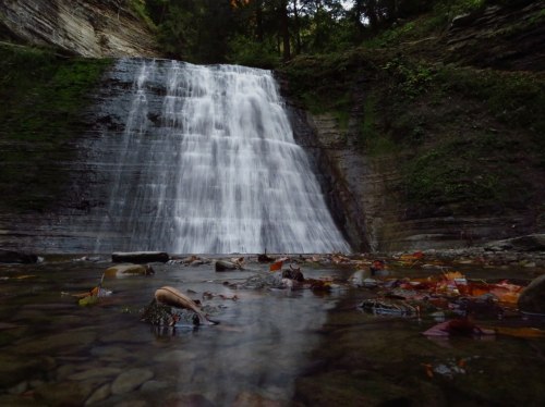 A serene waterfall cascading over rocky layers, surrounded by autumn leaves and a calm pool of water below.