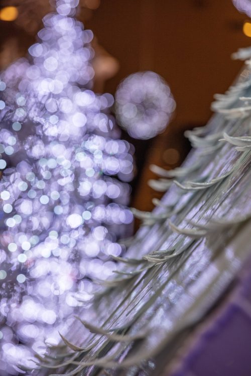 A close-up of a decorated surface with a blurred Christmas tree and lights in the background, creating a festive atmosphere.