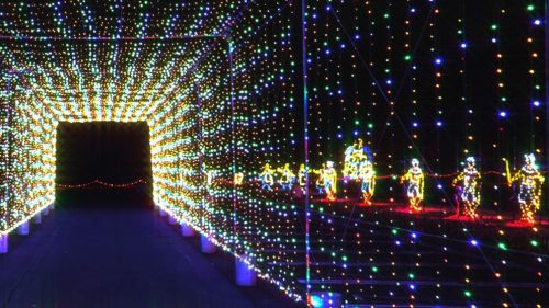 A colorful tunnel of lights with illuminated figures along the path, creating a festive atmosphere.