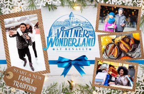 A festive collage promoting "Winter Wonderland at Renault," featuring ice skating, family fun, and holiday shopping.