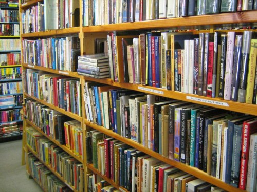 A wooden bookshelf filled with a variety of books in a cozy library setting.