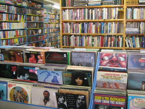 A cozy record store with shelves of vinyl records in the foreground and books in the background.