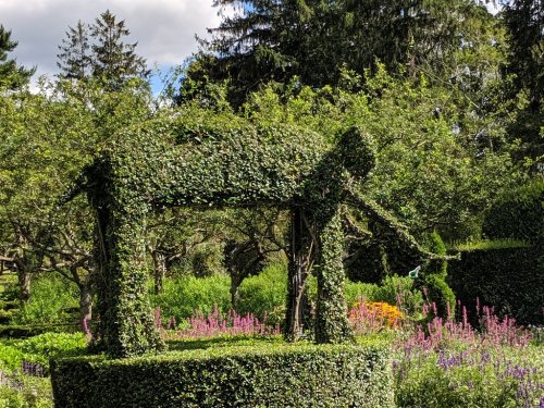 A topiary sculpture of a unicorn surrounded by colorful flowers and lush greenery in a garden setting.